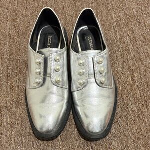 Design Lab Lord & Taylor Silver Loafers with Pearl Accents